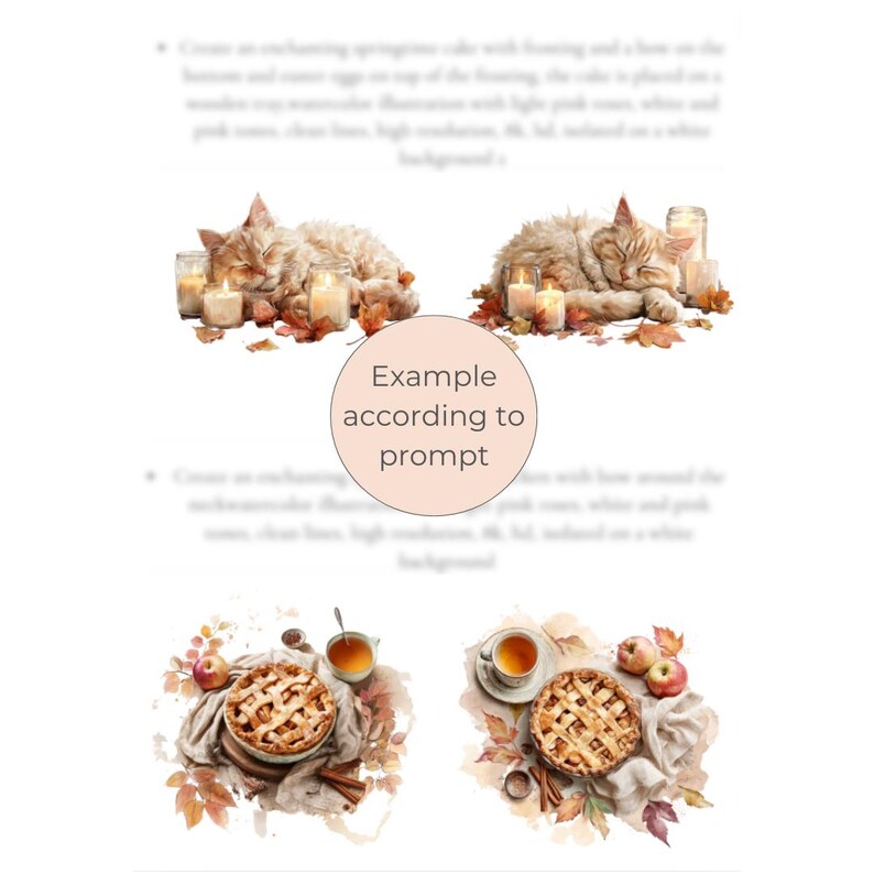 May include: Watercolour illustrations featuring a sleeping cat with lit candles and autumn leaves. The image also includes apple pies, teacups, apples, and cinnamon sticks, creating a warm, autumnal atmosphere.