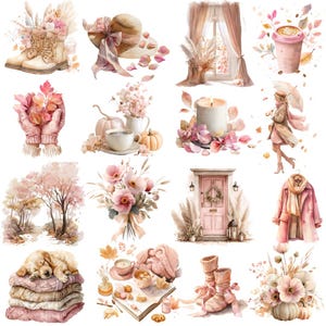 May include: Watercolor illustrations of autumn-themed items. The image includes a pair of boots, a sun hat, a window with curtains, a coffee cup, a person holding leaves, pumpkins, a candle, a woman with an umbrella, a tree, a bouquet, a door, a coat, a dog, a book, and more.