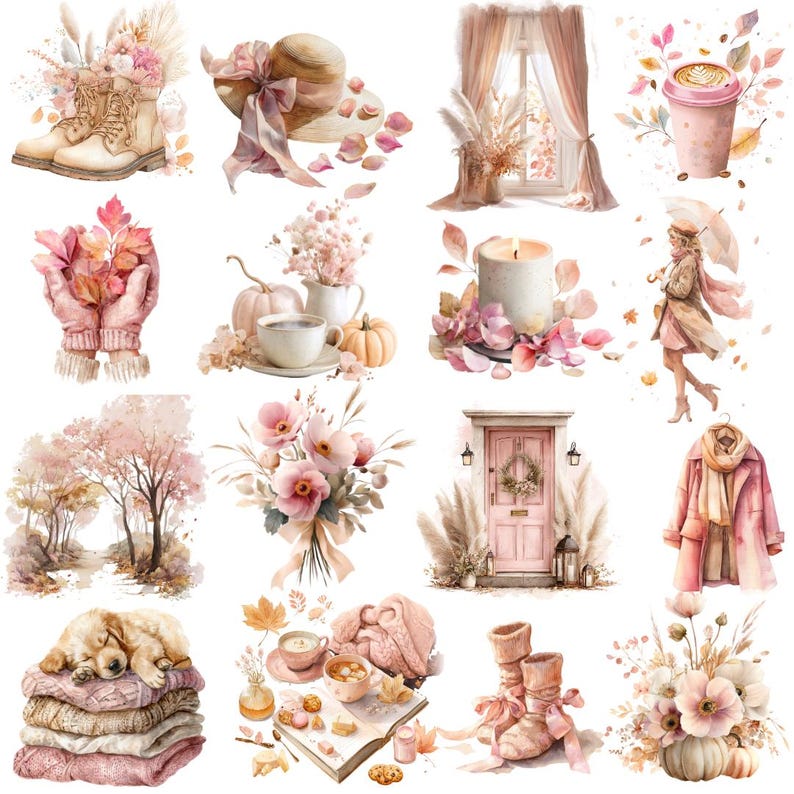 May include: Watercolor illustrations of autumn-themed items. The image includes a pair of boots, a sun hat, a window with curtains, a coffee cup, a person holding leaves, pumpkins, a candle, a woman with an umbrella, a tree, a bouquet, a door, a coat, a dog, a book, and more.