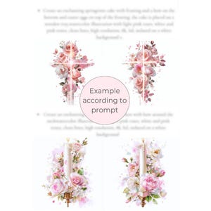 May include: Watercolor illustrations featuring crosses and candles adorned with pink and white roses. The images have a soft, romantic aesthetic, with delicate details and a light, airy feel. The text in the image says "Example according to prompt".