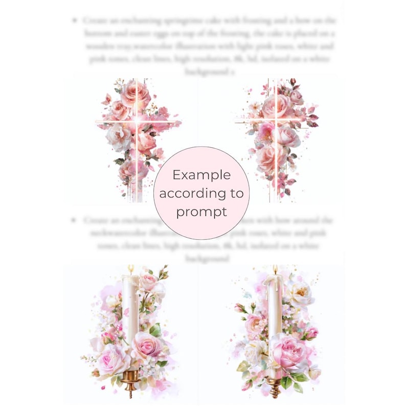 May include: Watercolor illustrations featuring crosses and candles adorned with pink and white roses. The images have a soft, romantic aesthetic, with delicate details and a light, airy feel. The text in the image says "Example according to prompt".