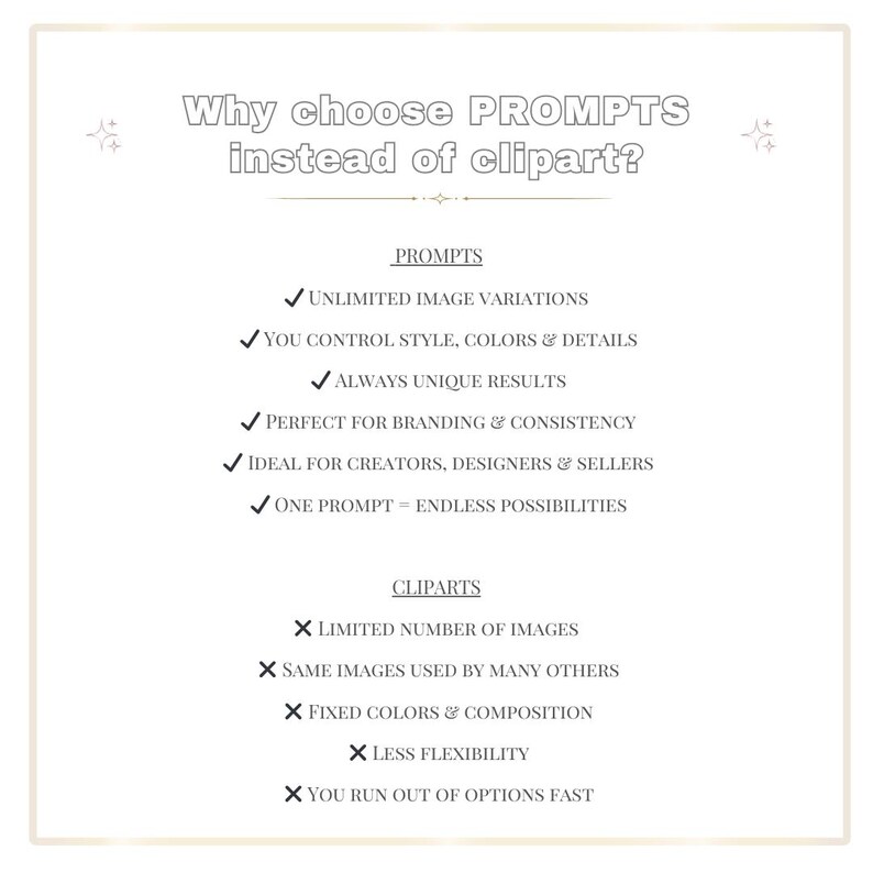 Peut inclure: Un graphique cr&egrave;me avec le texte "Why choose PROMPTS instead of clipart ?" &eacute;num&egrave;re les avantages des invites, notamment les variations d'images illimit&eacute;es, les r&eacute;sultats uniques et le contr&ocirc;le du style et des couleurs.