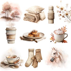 May include: Watercolor illustration featuring cozy autumn elements. Includes a stack of blankets and pillows, a thermos with a knitted sleeve, a to-go coffee cup, cinnamon rolls, a mug of hot chocolate, a cup of tea, socks, mittens, and a white horse.