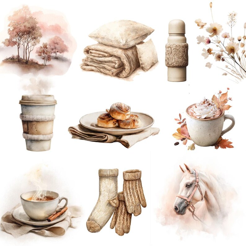 May include: Watercolor illustration featuring cozy autumn elements. Includes a stack of blankets and pillows, a thermos with a knitted sleeve, a to-go coffee cup, cinnamon rolls, a mug of hot chocolate, a cup of tea, socks, mittens, and a white horse.