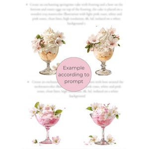 Puede incluir: Ilustraciones en acuarela de postres en cristaler&iacute;a elegante. La imagen presenta dos copas de helado con crema batida y acentos florales, y dos postres rosas con flores. El texto de la imagen dice "Example according to prompt".
