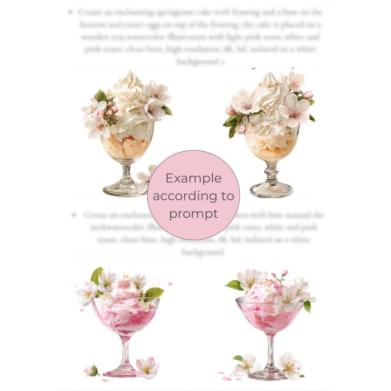 Puede incluir: Ilustraciones en acuarela de postres en cristaler&iacute;a elegante. La imagen presenta dos copas de helado con crema batida y acentos florales, y dos postres rosas con flores. El texto de la imagen dice "Example according to prompt".