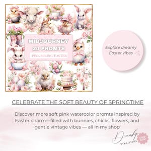 Peut inclure: Une composition d'art num&eacute;rique avec des illustrations &agrave; l'aquarelle sur les th&egrave;mes de P&acirc;ques et du printemps. L'image comprend des lapins, des poussins, des fleurs et le texte "MIDJOURNEY 20 PROMTS PINK SPRING/EASTER". La palette de couleurs est rose clair.