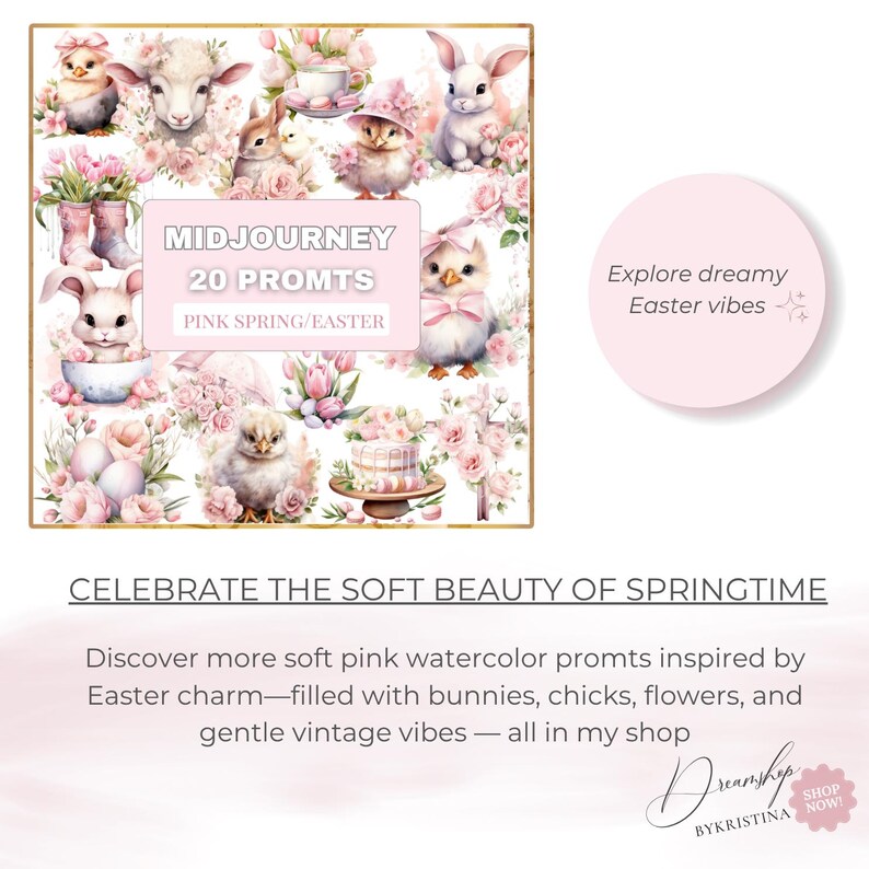 Peut inclure: Une composition d'art num&eacute;rique avec des illustrations &agrave; l'aquarelle sur les th&egrave;mes de P&acirc;ques et du printemps. L'image comprend des lapins, des poussins, des fleurs et le texte "MIDJOURNEY 20 PROMTS PINK SPRING/EASTER". La palette de couleurs est rose clair.