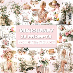 Op de afbeelding: Digitale illustratie van een theeparty in een tuin, met bloemstukken, theekopjes en een vrouw die thee inschenkt. De afbeelding bevat de tekst "MIDJOURNEY 36 PROMPTS ENGLISH TEA IN GARDEN."