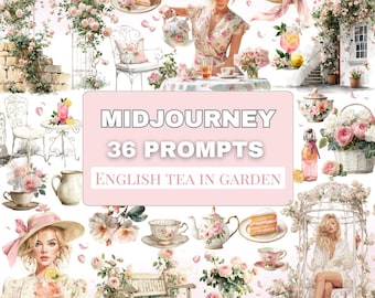 English Tea Garden Midjourney Prompts, 36 AI Art Prompts, Romantic Cottagecore Garden, Spring Tea Party Aesthetic, Watercolor Style