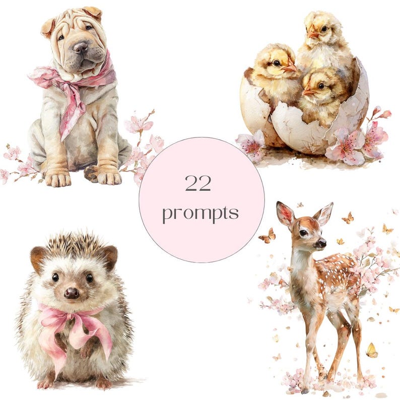 Peut inclure: Illustrations &agrave; l'aquarelle d'animaux mignons : un chiot Shar Pei avec une &eacute;charpe rose, des poussins sortant d'un &oelig;uf, un h&eacute;risson avec un n&oelig;ud rose et un faon. Le texte "22 prompts" est inscrit dans un cercle rose.