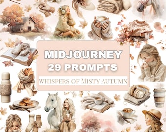 Misty Autumn Midjourney prompts Beige Cozy Fall Aesthetic, Soft Watercolor Clipart Style, Autumn girl, coffe, sweather, wheather, hygge art