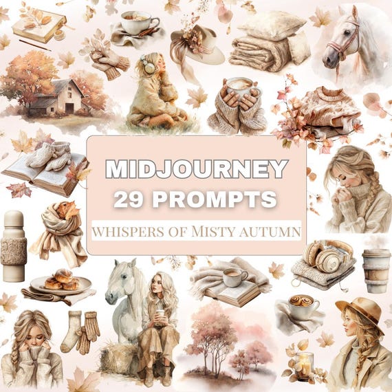 Misty Autumn Midjourney prompts Beige Cozy Fall Aesthetic, Soft Watercolor Clipart Style, Autumn girl, coffe, sweather, wheather, hygge art