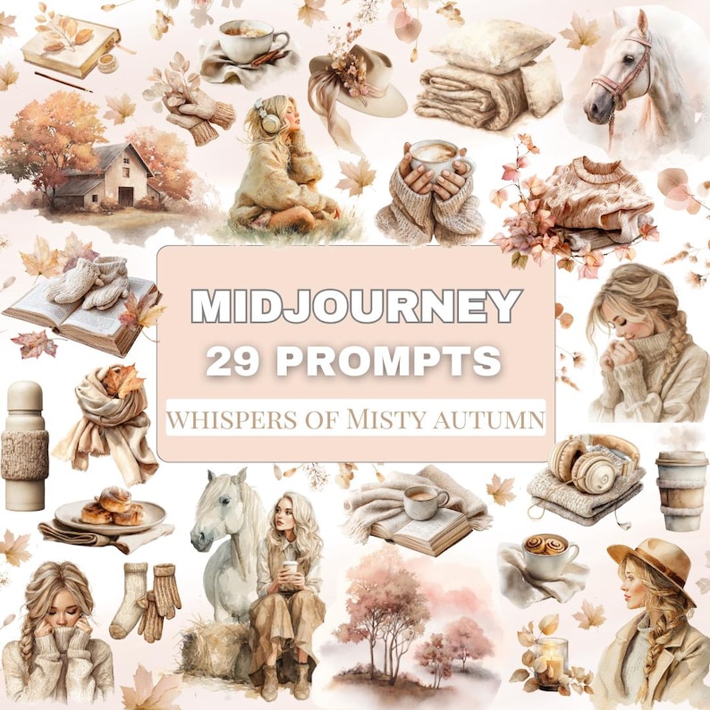 May include: A digital art collage with a soft, warm color palette. The image features various autumn-themed elements, including a cozy sweater, a horse, a cup of coffee, and the text "MIDJOURNEY 29 PROMPTS WHISPERS OF MISTY AUTUMN."