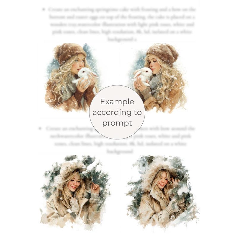 May include: Watercolor illustrations of a woman with long, wavy blonde hair, wearing a brown hat and coat, holding a white rabbit. The artwork has a winter theme with soft, snowy details and a warm color palette. The text "Example according to prompt" is in a white circle.