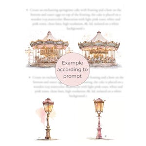 Peut inclure: Illustrations &agrave; l'aquarelle d'un carrousel et de lampadaires. Le carrousel pr&eacute;sente un sch&eacute;ma de couleurs rose et or avec des chevaux et un toit d&eacute;coratif. Les lampadaires sont roses et dor&eacute;s avec un design vintage. Le texte dit "Example according to prompt".