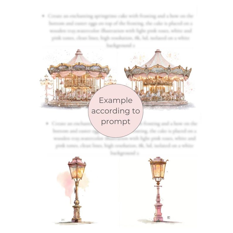 Peut inclure: Illustrations &agrave; l'aquarelle d'un carrousel et de lampadaires. Le carrousel pr&eacute;sente un sch&eacute;ma de couleurs rose et or avec des chevaux et un toit d&eacute;coratif. Les lampadaires sont roses et dor&eacute;s avec un design vintage. Le texte dit "Example according to prompt".
