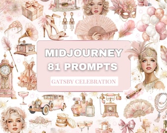 Lot de cliparts Célébration de Gatsby | 81 Messages à mi-parcours | Art déco glamour | Élégant vintage esthétique, joyeux anniversaire clipart- invites