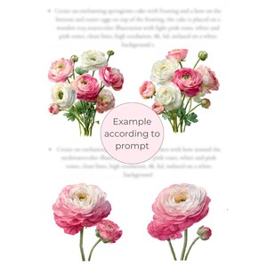 May include: Watercolor illustration of ranunculus flowers in shades of pink and white. The image features bouquets and individual blooms with green stems and leaves, set against a white background.