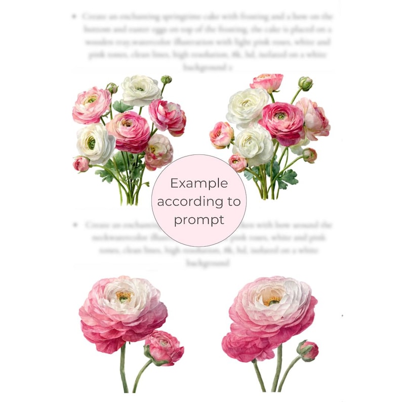 May include: Watercolor illustration of ranunculus flowers in shades of pink and white. The image features bouquets and individual blooms with green stems and leaves, set against a white background.