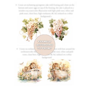 May include: Watercolor illustrations of grapes and lions on a boat. The grapes are a light purple color with green leaves. The lions are in a boat surrounded by flowers. The text in the image says "EXAMPLE ACCORDING TO PROMPT".