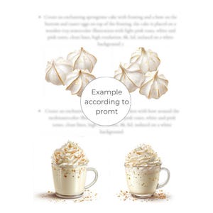 May include: An illustration featuring white meringue cookies with gold accents and two clear glass mugs filled with a creamy beverage, topped with whipped cream and sprinkles. The image is set against a white background.