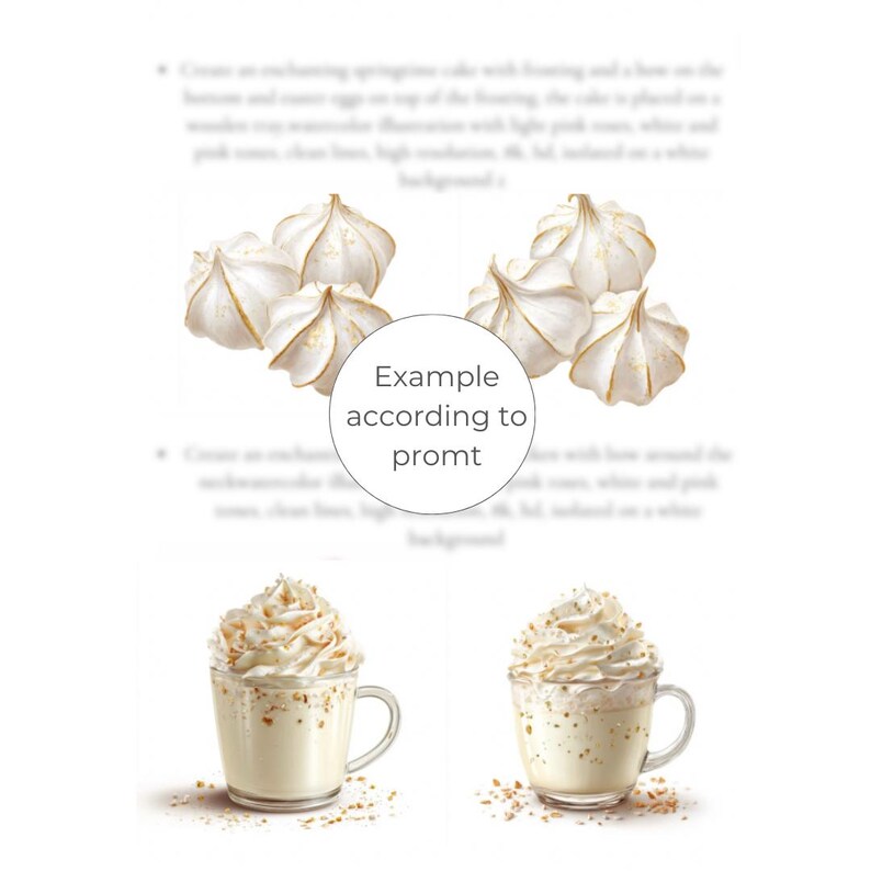 May include: An illustration featuring white meringue cookies with gold accents and two clear glass mugs filled with a creamy beverage, topped with whipped cream and sprinkles. The image is set against a white background.