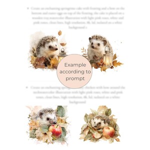 May include: Watercolour illustrations of hedgehogs with autumn leaves and lanterns. The image includes the text "Example according to prompt". The artwork features warm colours and a whimsical style, ideal for autumn-themed decor.