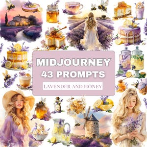 Puede incluir: Un collage de arte digital con ilustraciones de acuarela sobre el tema de la lavanda y la miel. Las imágenes incluyen pasteles, bebidas, miel, abejas y una mujer en un campo de lavanda. El texto dice "MIDJOURNEY 43 PROMPTS LAVENDER AND HONEY."