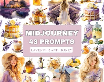 43 Lavender & Honey Midjourney Prompts Bundle, Watercolor AI Prompts, Cottagecore Aesthetic, Floral Clipart Prompts, Digital Download