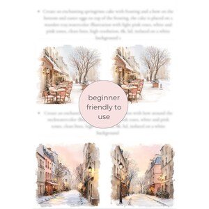 Peut inclure: Illustrations &agrave; l'aquarelle de sc&egrave;nes de rue parisiennes avec des caf&eacute;s et des b&acirc;timents aux couleurs douces : rose, blanc et bleu. Le texte "beginner friendly to use" est dans un cercle rose.