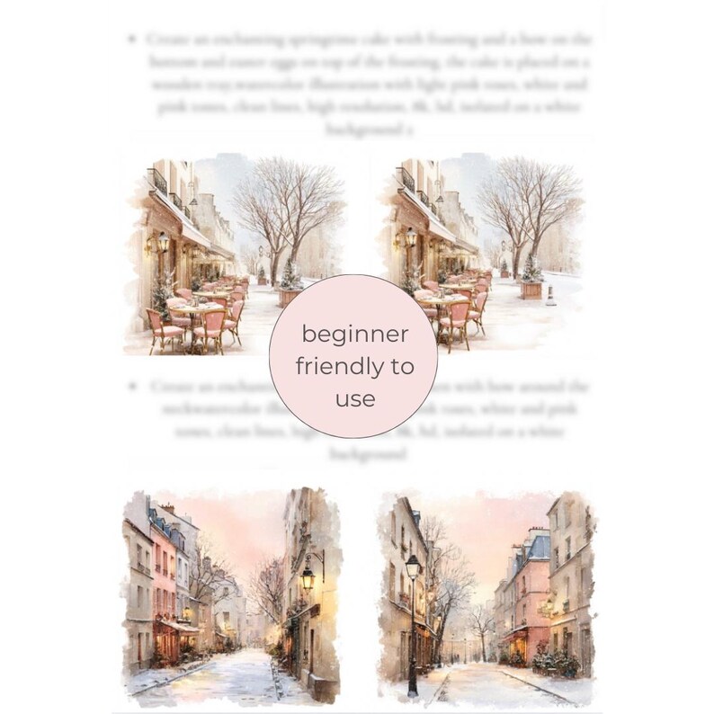 Peut inclure: Illustrations &agrave; l'aquarelle de sc&egrave;nes de rue parisiennes avec des caf&eacute;s et des b&acirc;timents aux couleurs douces : rose, blanc et bleu. Le texte "beginner friendly to use" est dans un cercle rose.