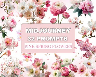Midjourney Prompts - Collection d'aquarelles florales printanières roses (PDF), fleurs de Pâques, clipart floral, fleur de printemps, rose