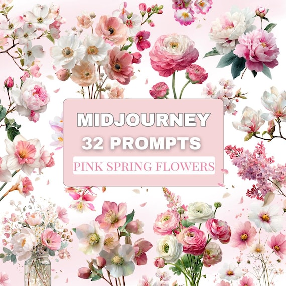 Midjourney Prompts - Pink Spring Floral Watercolor Collection (PDF), easter flowers, floewrs clipar, spring flower, pink