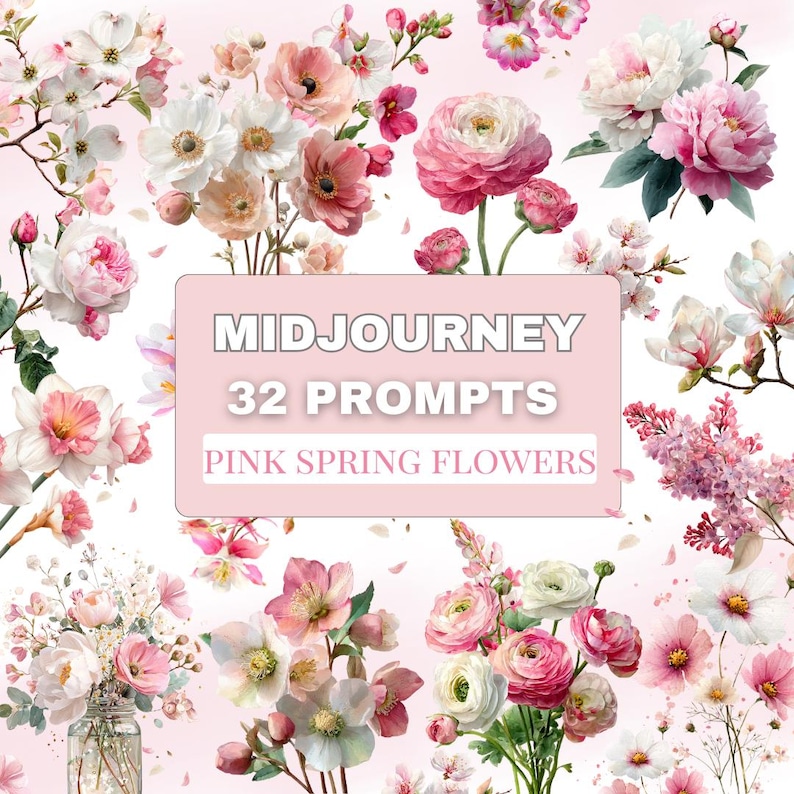 May include: A collection of pink spring flowers, including peonies, ranunculus, and cherry blossoms, arranged in various bouquets. The image features the text "MIDJOURNEY 32 PROMPTS PINK SPRING FLOWERS" on a pink background.