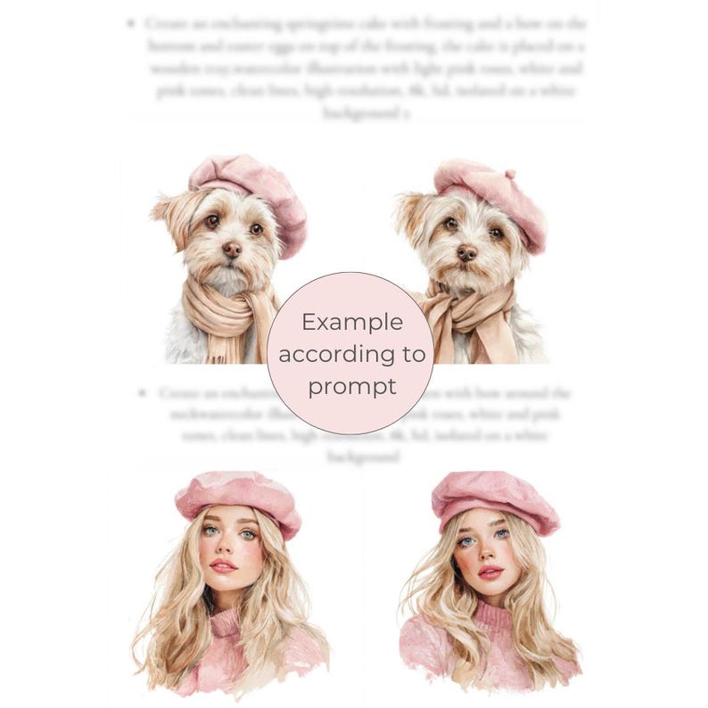 Peut inclure: Illustrations &agrave; l'aquarelle d'un chien et d'une femme, tous deux portant des b&eacute;rets et des &eacute;charpes roses. Le chien a un pelage brun clair et la femme a de longs cheveux blonds. Le texte de l'image dit "Example according to prompt".