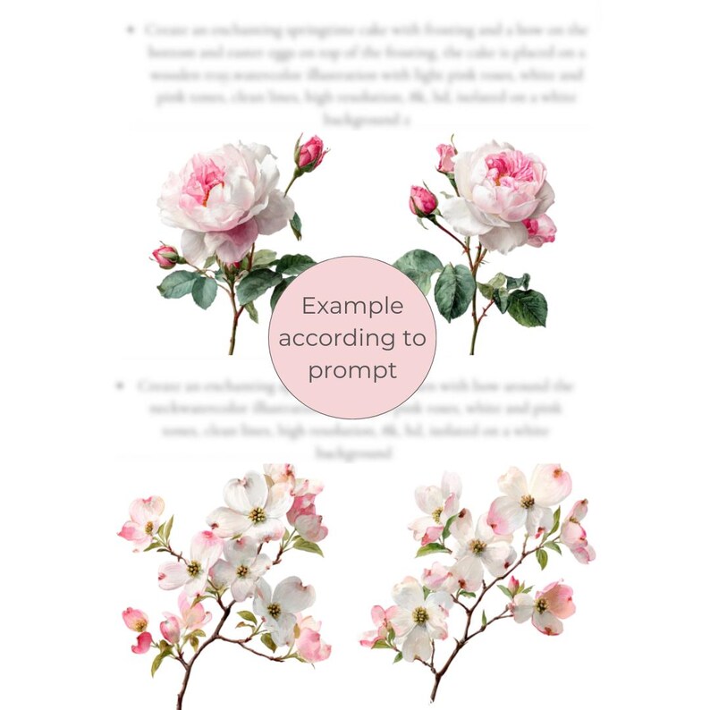 May include: Watercolor illustrations of pink and white flowers, including roses and dogwoods, with green leaves and stems. A pink circle with the text "Example according to prompt" is in the center. The background is white.