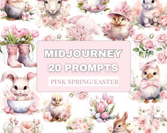 Ideas para el viaje de Pascua en rosa: 20 ideas primaverales con acuarela, adorables conejitos, corderos, pollitos, huevos de Pascua florales e ilustraciones primaverales en tonos pastel.