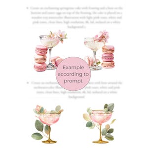 Puede incluir: Ilustraci&oacute;n en acuarela con copas de champ&aacute;n con l&iacute;quido rosa, adornadas con flores y vegetaci&oacute;n. Montones de macarons rosas est&aacute;n junto a las copas. La imagen tiene una est&eacute;tica suave y rom&aacute;ntica, ideal para invitaciones o decoraci&oacute;n.
