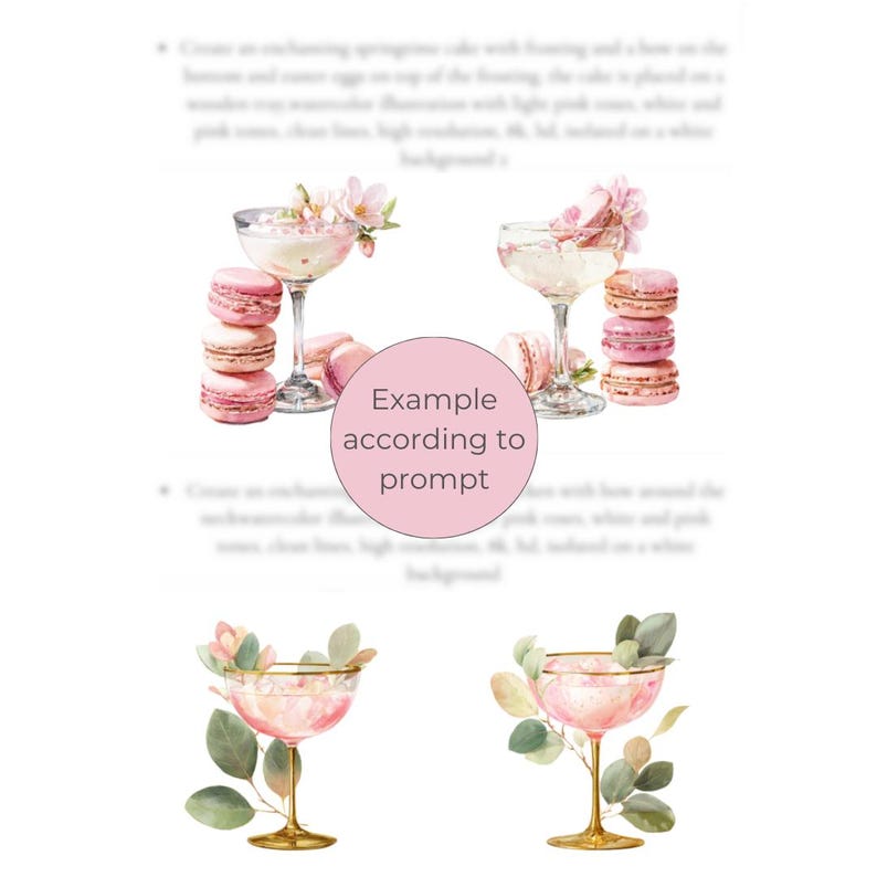 Puede incluir: Ilustraci&oacute;n en acuarela con copas de champ&aacute;n con l&iacute;quido rosa, adornadas con flores y vegetaci&oacute;n. Montones de macarons rosas est&aacute;n junto a las copas. La imagen tiene una est&eacute;tica suave y rom&aacute;ntica, ideal para invitaciones o decoraci&oacute;n.
