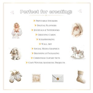 May include: A digital art graphic with the text "Perfect for creating:" and a list of project ideas including stickers, planners, journals, greeting cards, and wall art. The image features illustrations of a woman, Santa Claus, a rabbit, and other winter-themed items.