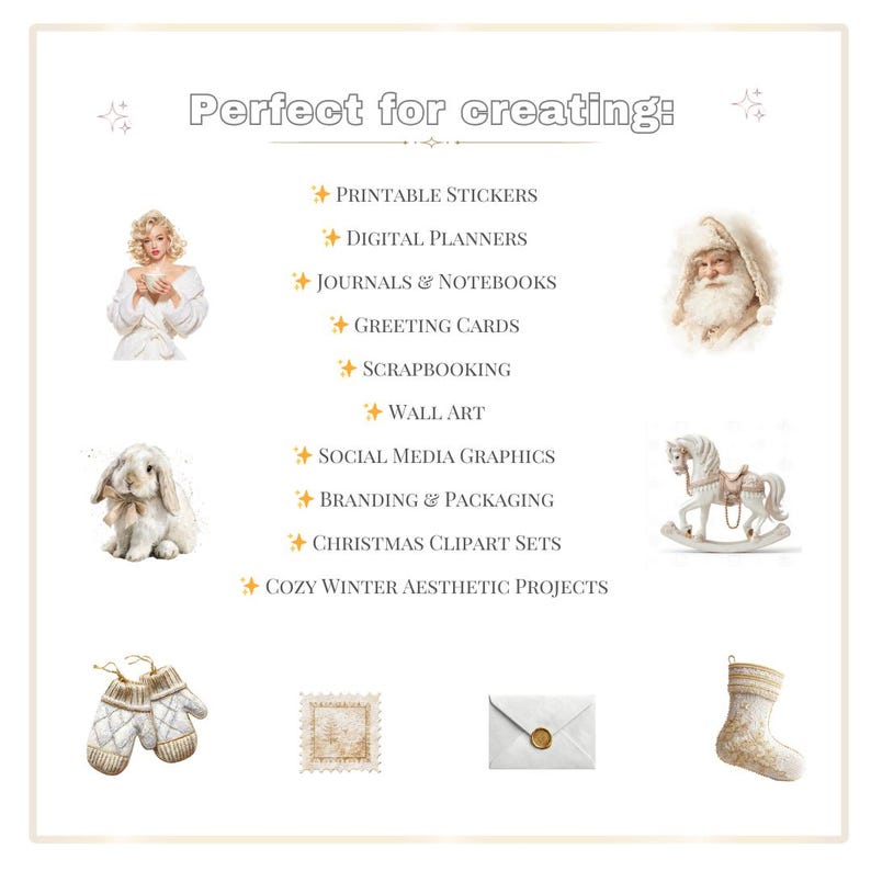 May include: A digital art graphic with the text "Perfect for creating:" and a list of project ideas including stickers, planners, journals, greeting cards, and wall art. The image features illustrations of a woman, Santa Claus, a rabbit, and other winter-themed items.