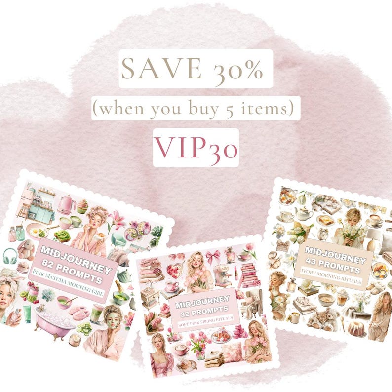 Peut inclure: Trois impressions d'art num&eacute;rique avec le texte "MIDJOURNEY" et diverses invites. Les impressions pr&eacute;sentent des illustrations de femmes, de produits de beaut&eacute; et d'arrangements floraux. Le texte "SAVE 30%" et "VIP30" sont &eacute;galement visibles.