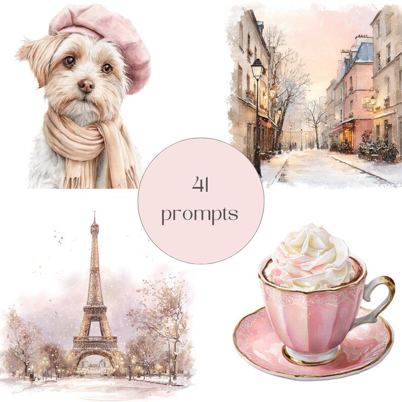 Peut inclure: Illustrations &agrave; l'aquarelle comprenant un chien portant b&eacute;ret et &eacute;charpe roses, une sc&egrave;ne de rue parisienne, la Tour Eiffel et une tasse rose avec de la cr&egrave;me fouett&eacute;e. Le texte "41 prompts" est dans un cercle rose.
