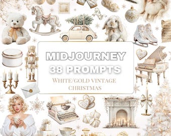 White Gold Vintage Christmas Midjourney Prompts|38 Aesthetic Watercolor Prompts PDF |Elegant Christmas Clipart Generator Vintage Holiday Art