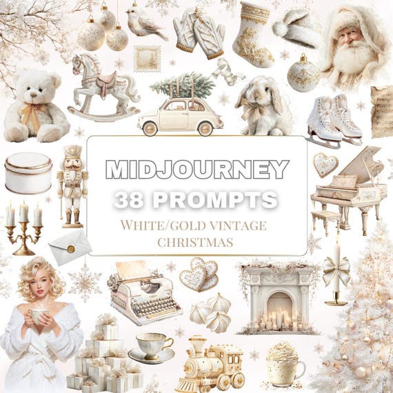 White Gold Vintage Christmas Midjourney Prompts|38 Aesthetic Watercolor Prompts PDF |Elegant Christmas Clipart Generator Vintage Holiday Art