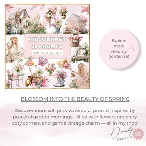 May include: A digital art collection titled "Midjourney Spring Garden" featuring watercolor illustrations of garden elements. The image includes a variety of pink flowers, gardening tools, and a woman in a dress. Text reads "Blossom into the Beauty of Spring."