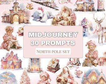 North Pole Midjourney Prompts | Pink Christmas Watercolor Clipart (PDF)