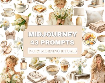 Rituales Matutinos Marfil – 43 Prompts de Medio Viaje / Estética Primaveral Beige, Rincón de Café, Tulipanes Blancos y Narcisos, Arte de IA para un Estilo de Vida de Lujo Acogedor