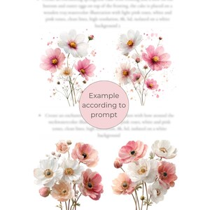 May include: Watercolor illustration of cosmos and anemone flowers in shades of pink, white, and yellow. The flowers have delicate petals and are arranged in bouquets. The background is white with soft watercolor splatters.